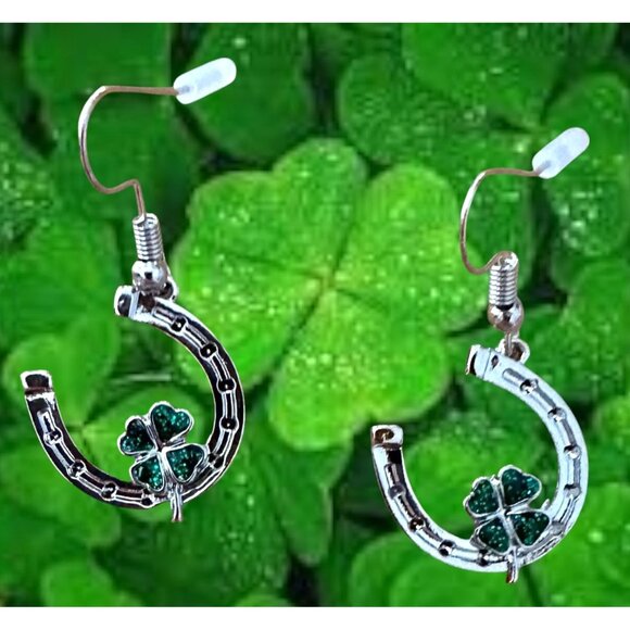 Horseshoe Clover Earrings St Patricks Day Lucky Irish Dangle Hooks New H… - Picture 7 of 9